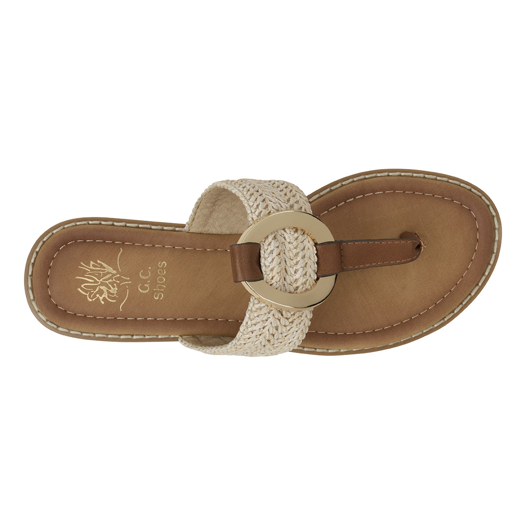 Beige sandal with a braided strap and brown insole on a white background