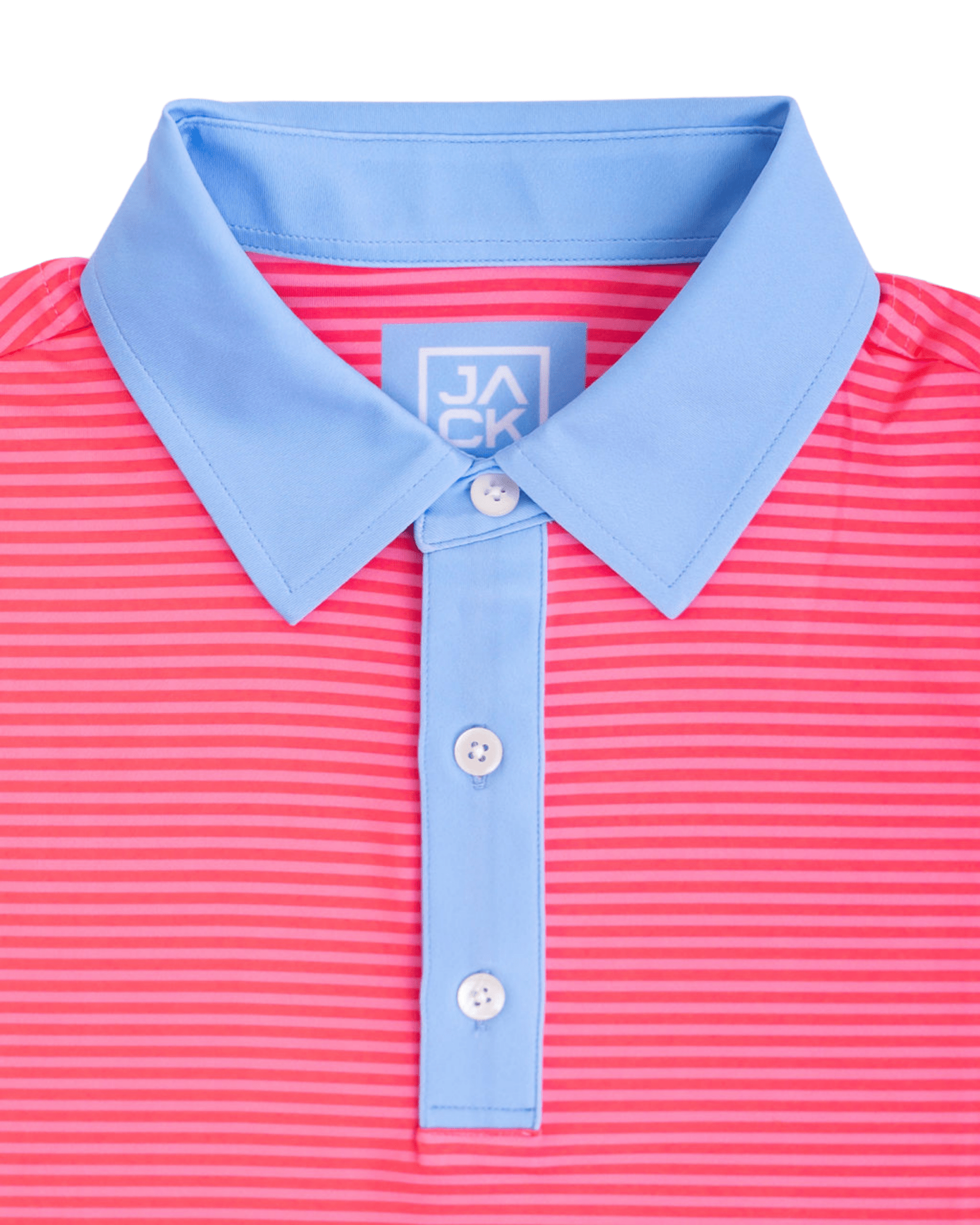 Pink striped polo shirt with blue collar and buttons on a white background