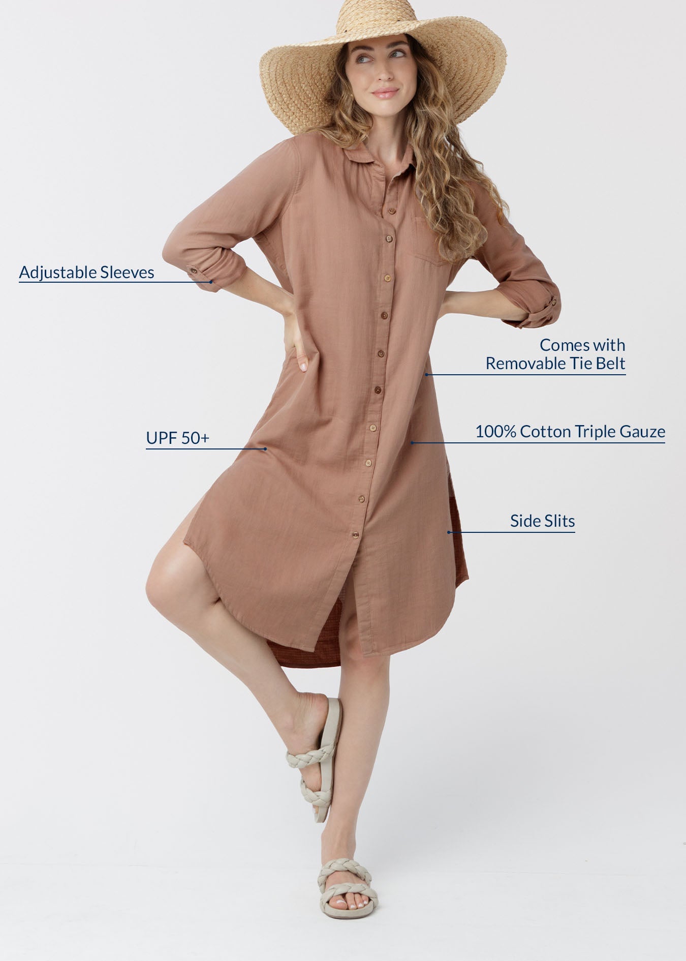 Woman wearing a brown dress with text highlighting features on a white background