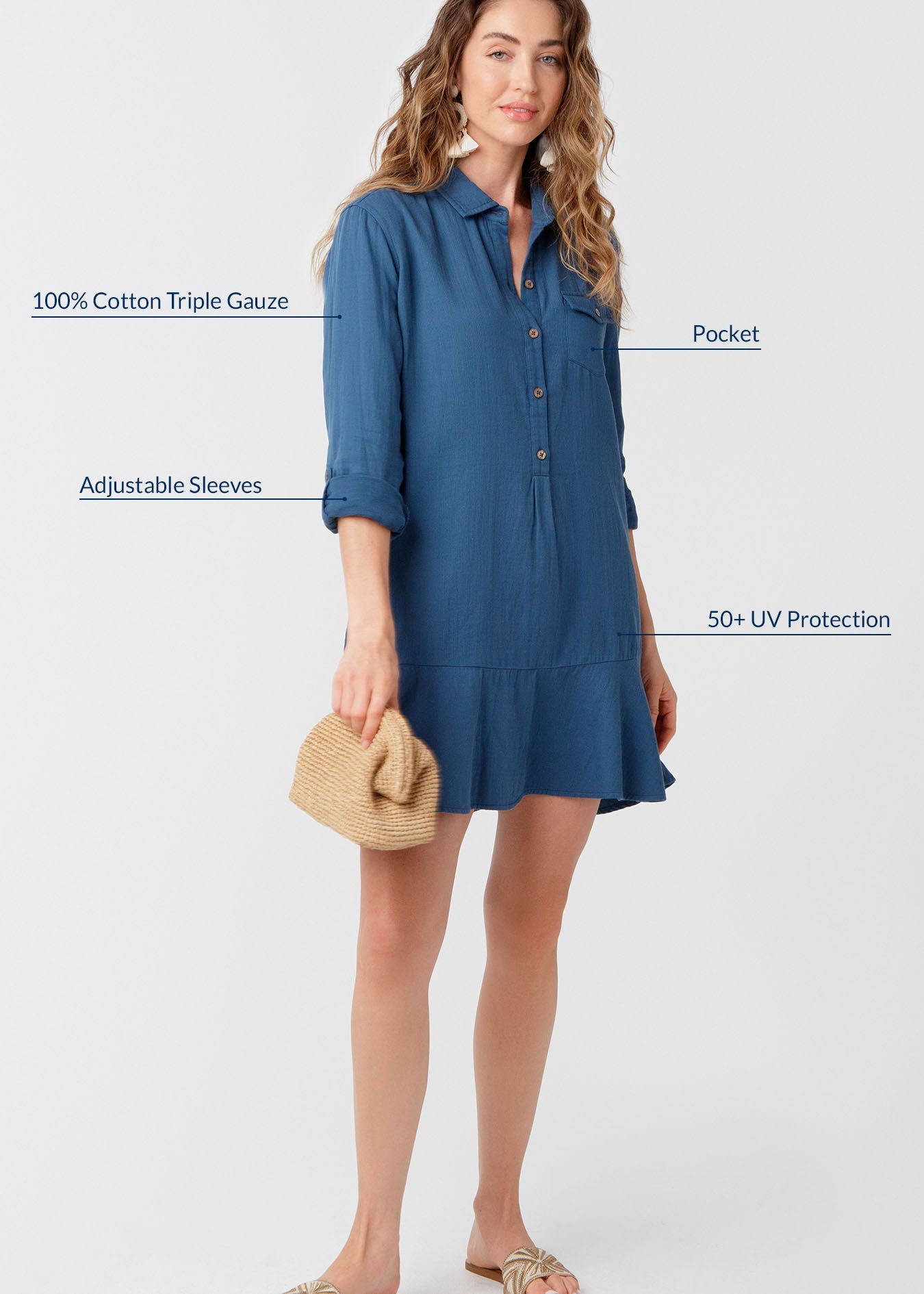 Woman wearing a blue dress with text highlighting features on a white background