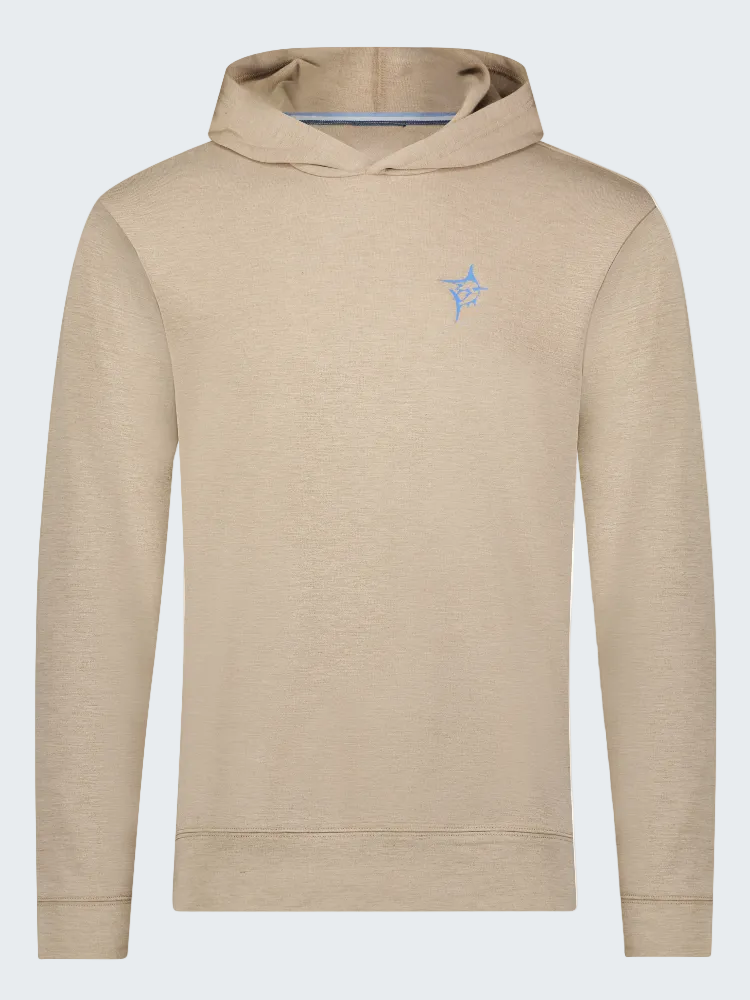 Beige hoodie with a small blue logo on a white background
