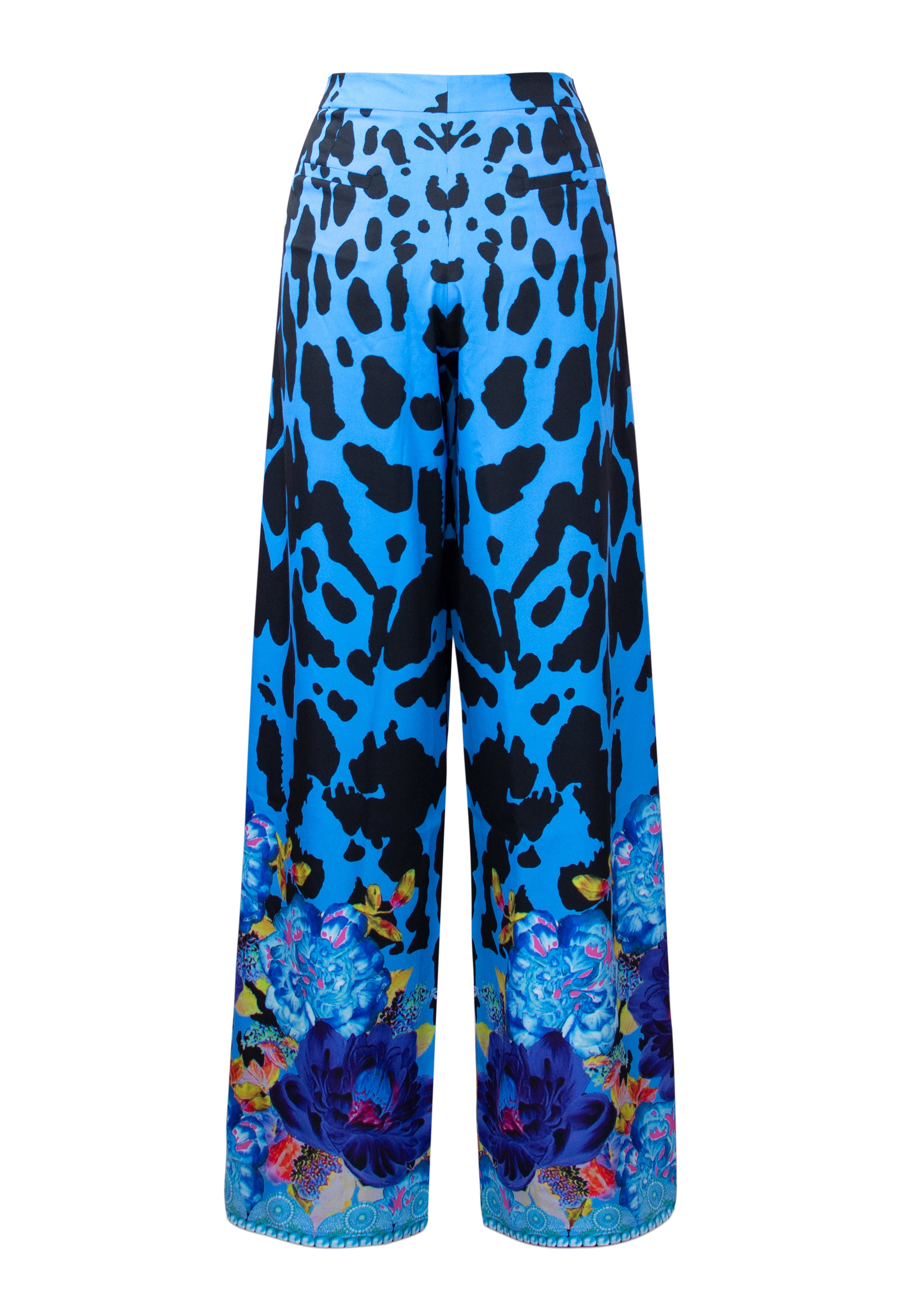 Blue pants with black and multicolor floral pattern on a white background
