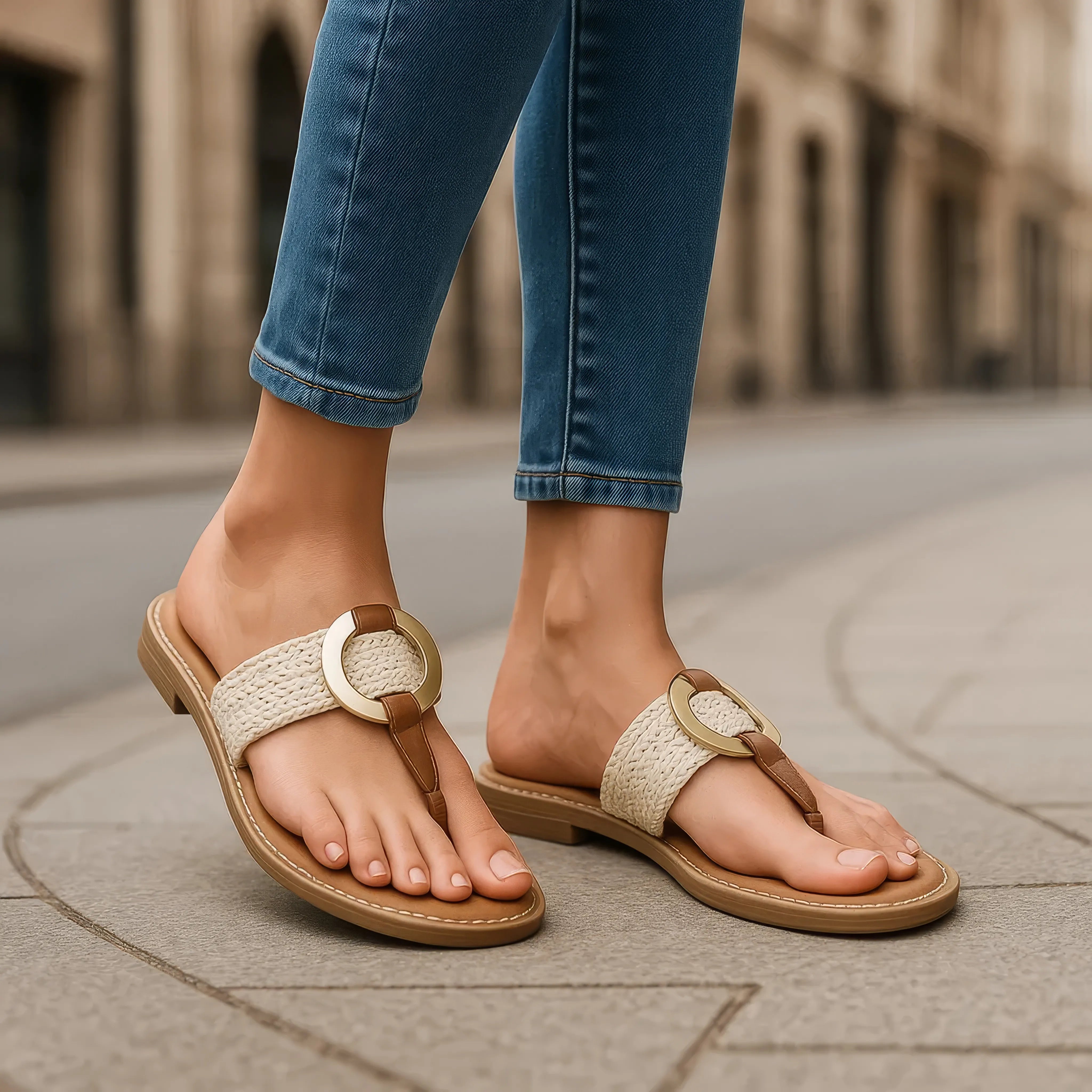 Person wearing brown sandals with woven straps on a stone pavement.