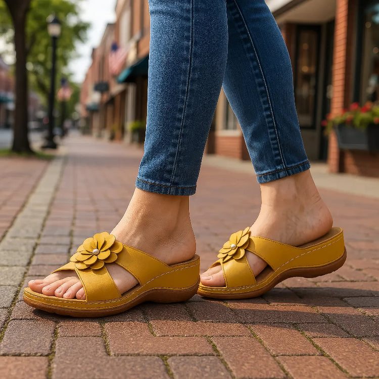 Person wearing yellow sandals with floral designs on a brick sidewalk.