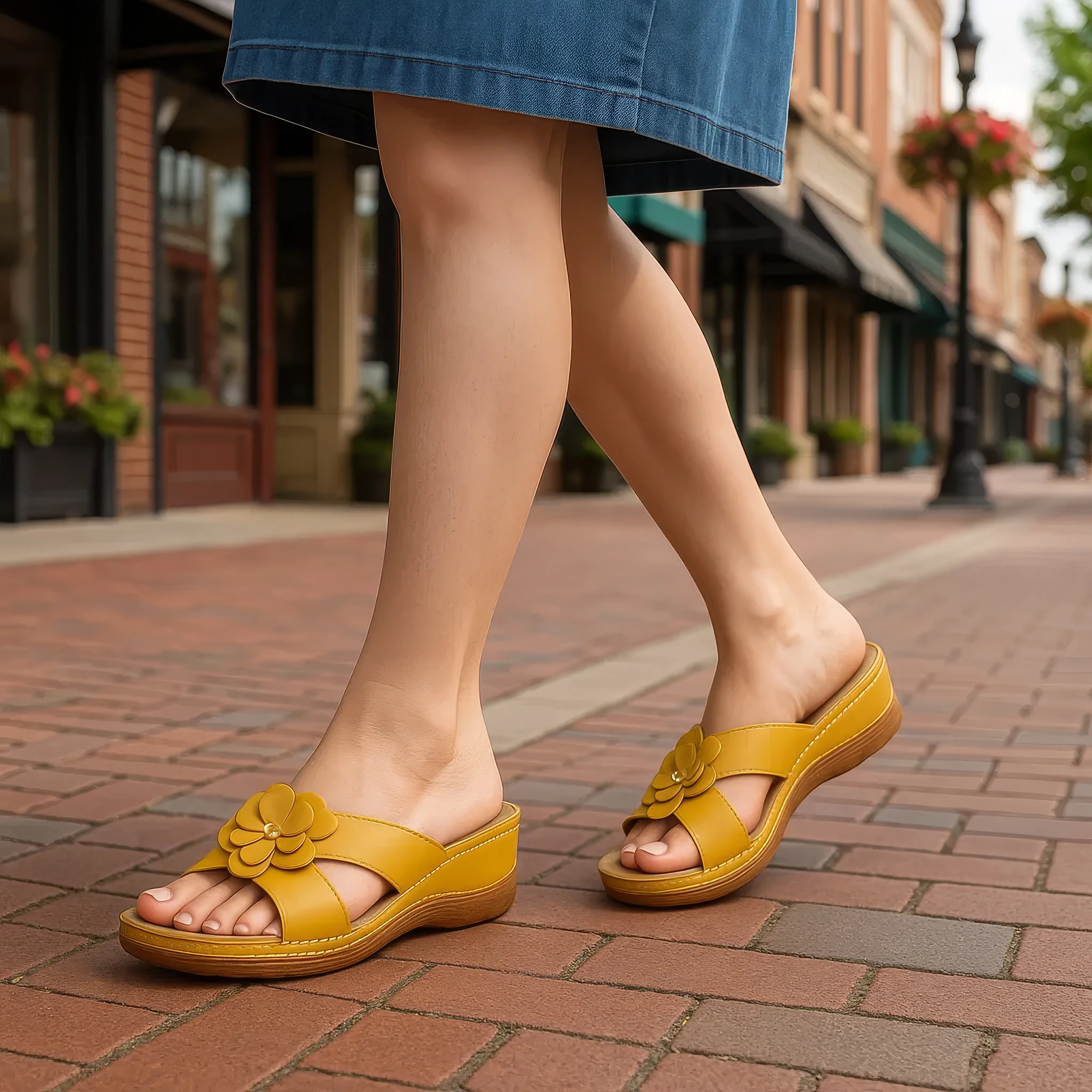 Yellow sandals worn on a brick sidewalk with a person in a blue skirt.