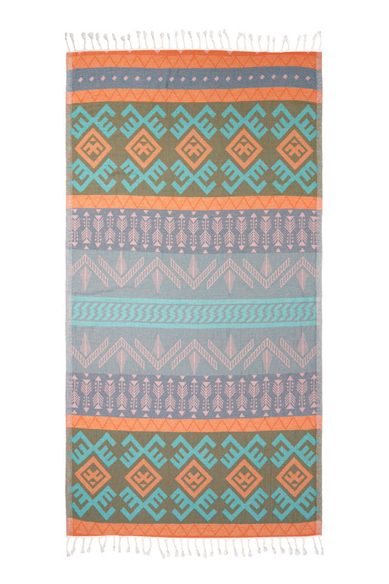 Colorful patterned towel with geometric design on a white background