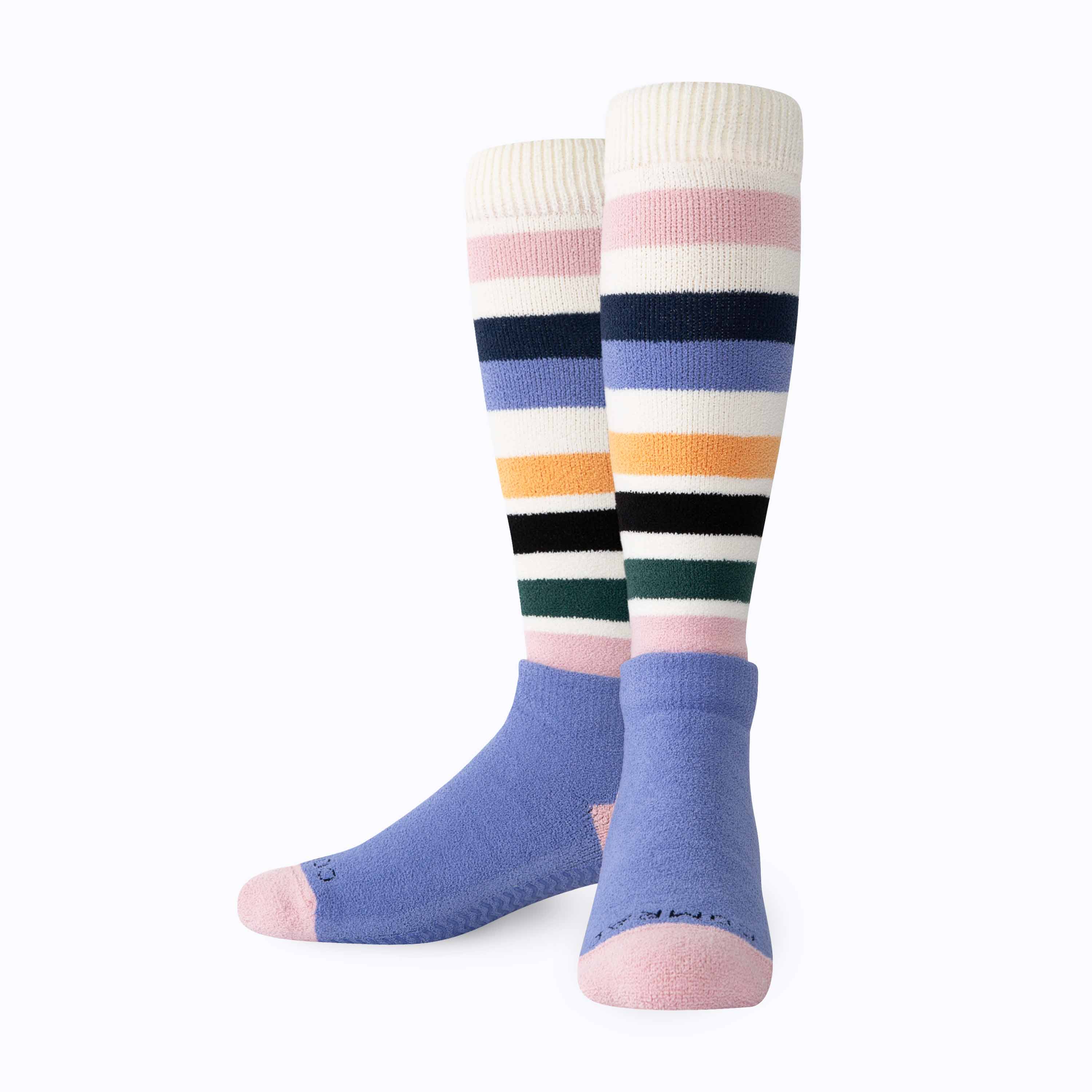 Pair of colorful striped knee-high socks on a white background