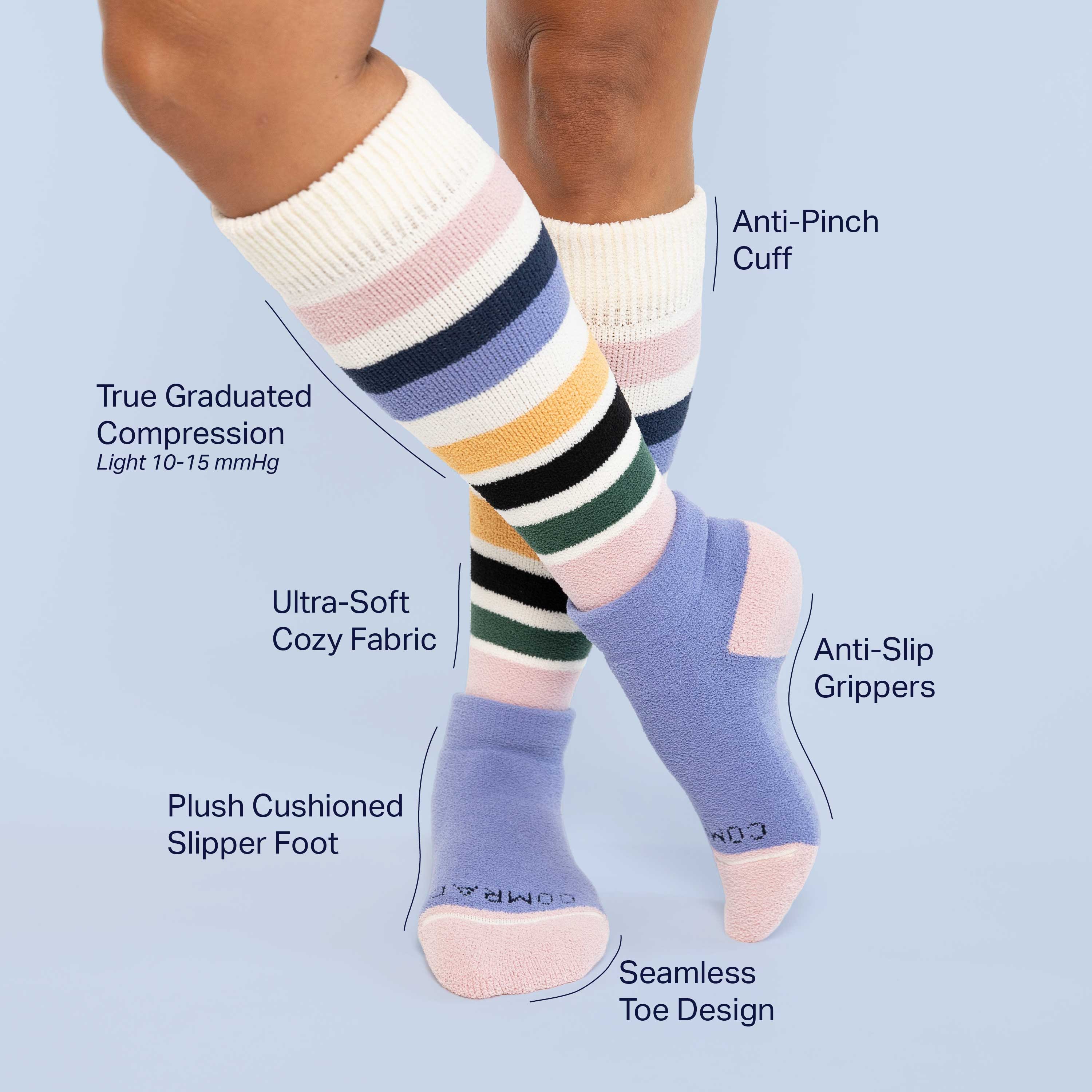 Colorful compression socks with text highlighting features on a light blue background