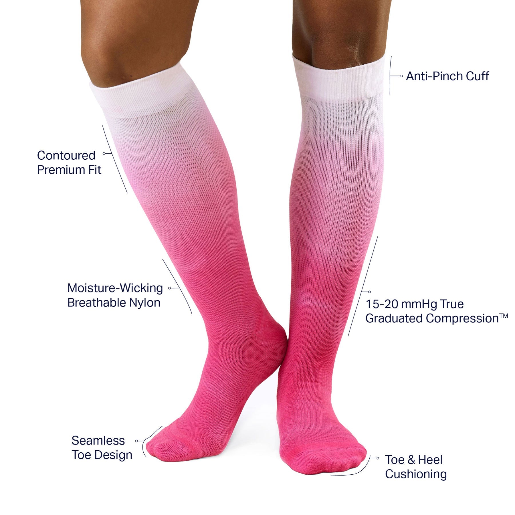 Pink compression socks with labeled features on a white background