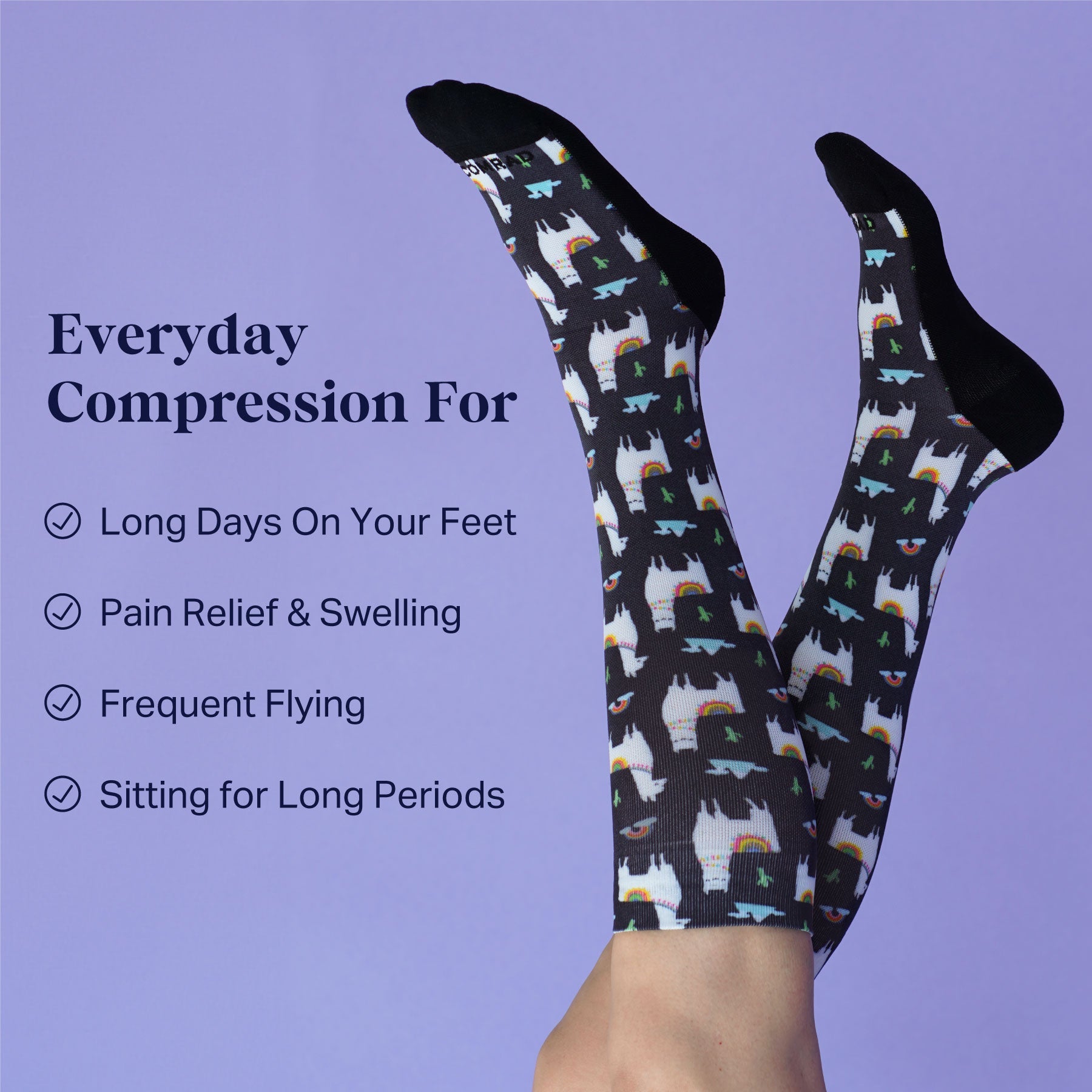 Compression socks with animal pattern on a purple background