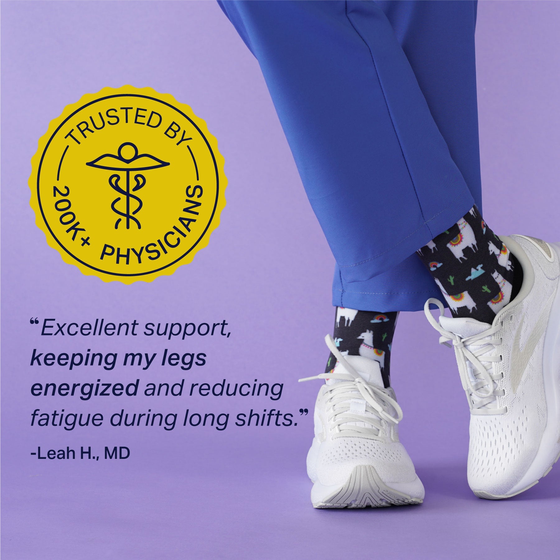 Person wearing white sneakers and patterned socks with a purple background, featuring a 'Trusted by 200k+ Physicians' badge and a testimonial quote.