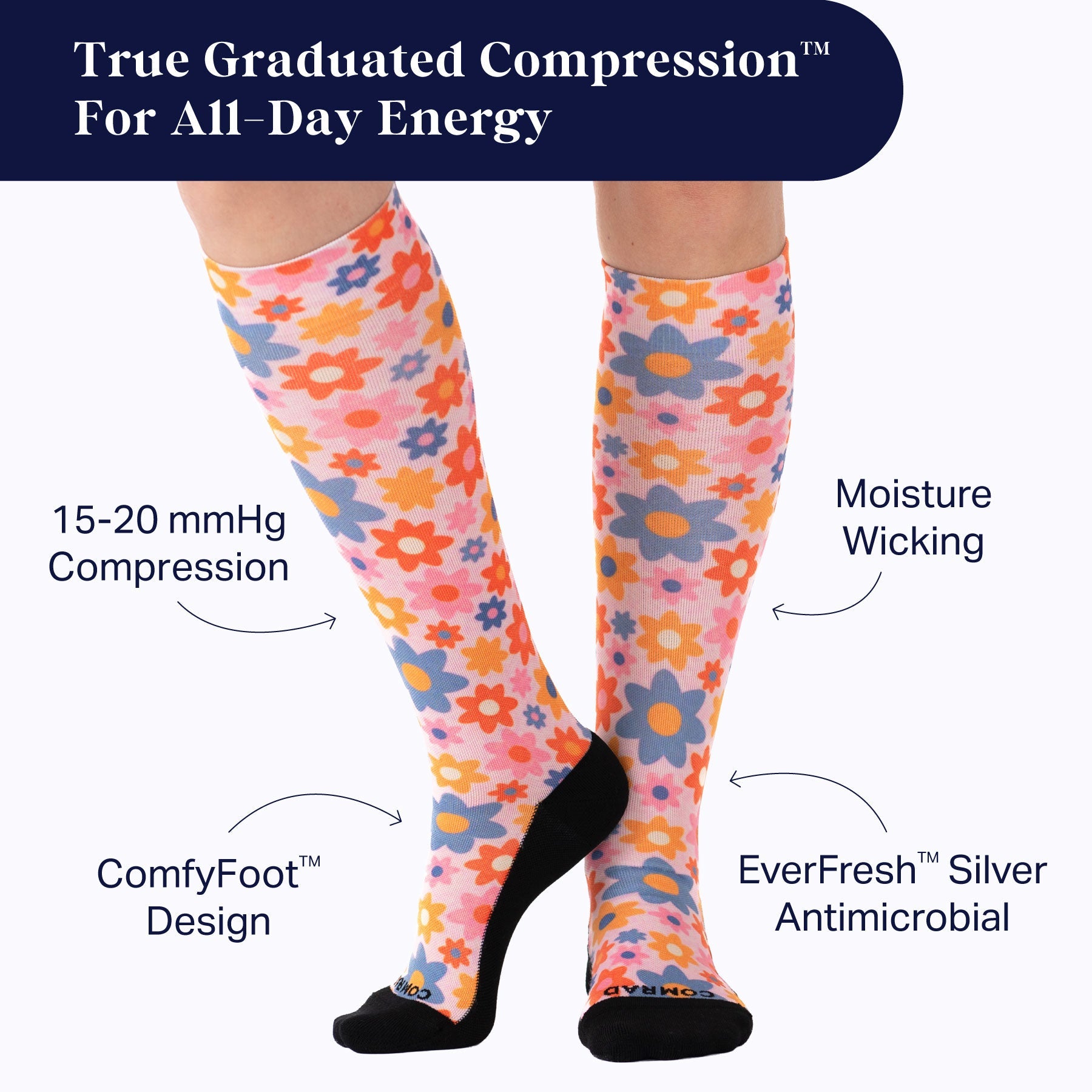 Colorful floral knee-high socks with text highlighting features on a white background