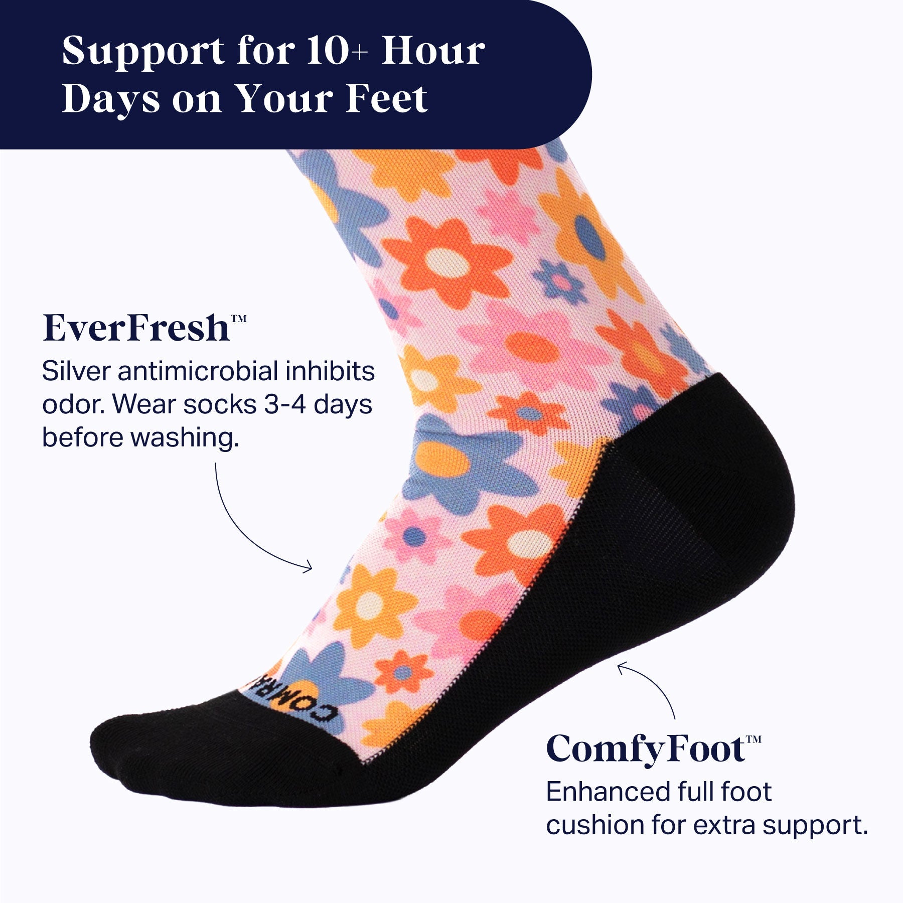 Floral patterned sock with text about support for 10+ hour days on feet, EverFresh antimicrobial feature, and ComfyFoot cushioning.