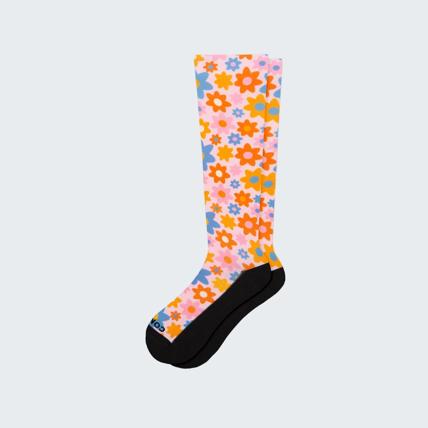 Colorful floral-patterned sock on a white background