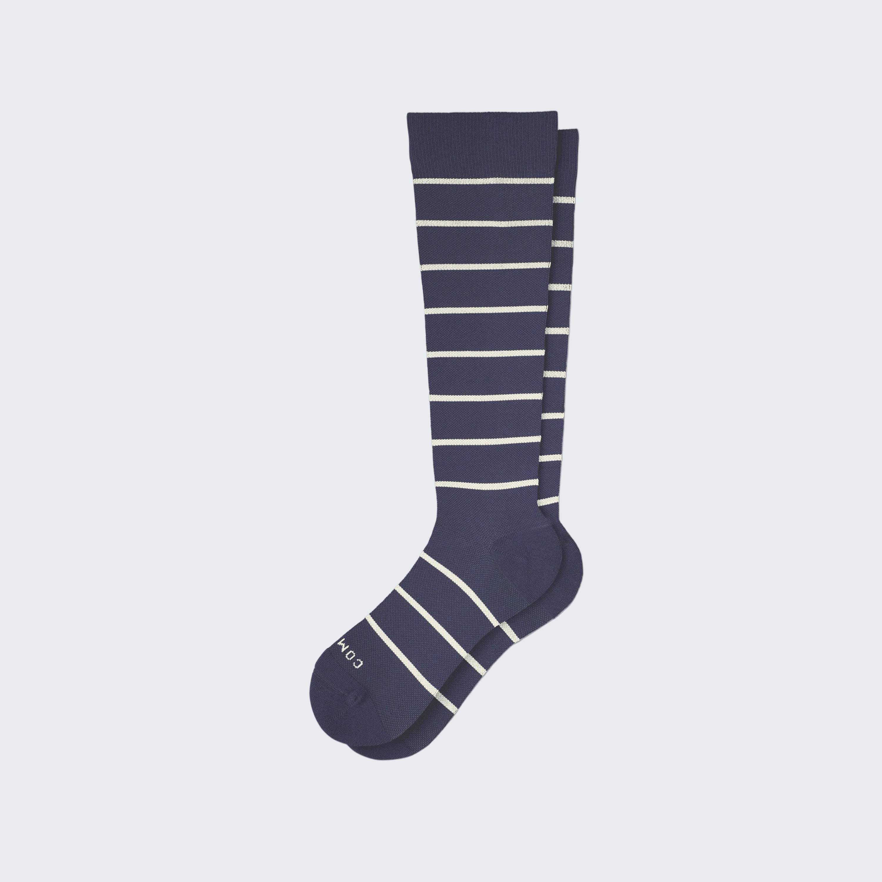 Navy sock with white stripes on a white background