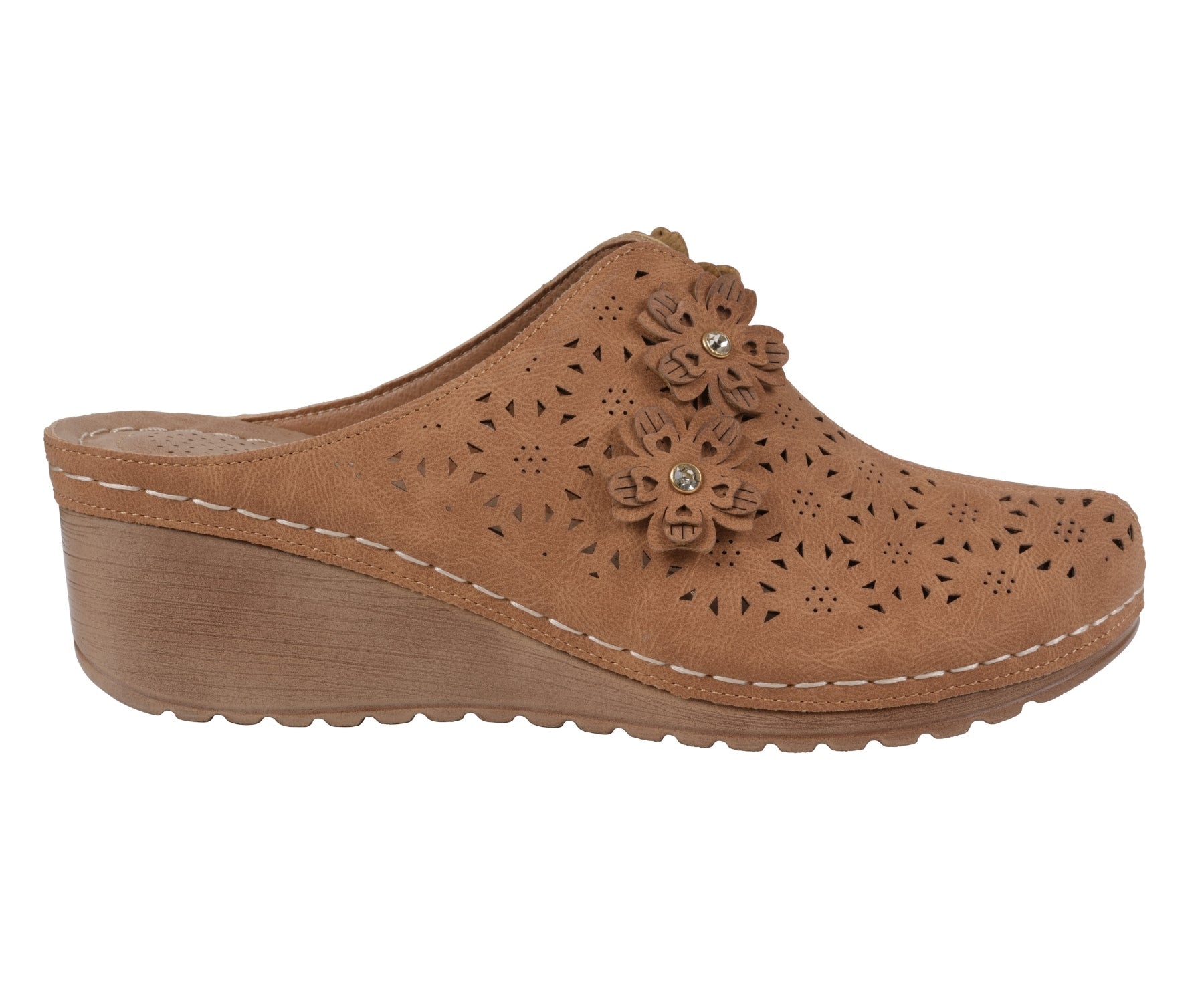 Brown clog shoe with floral design on a white background
