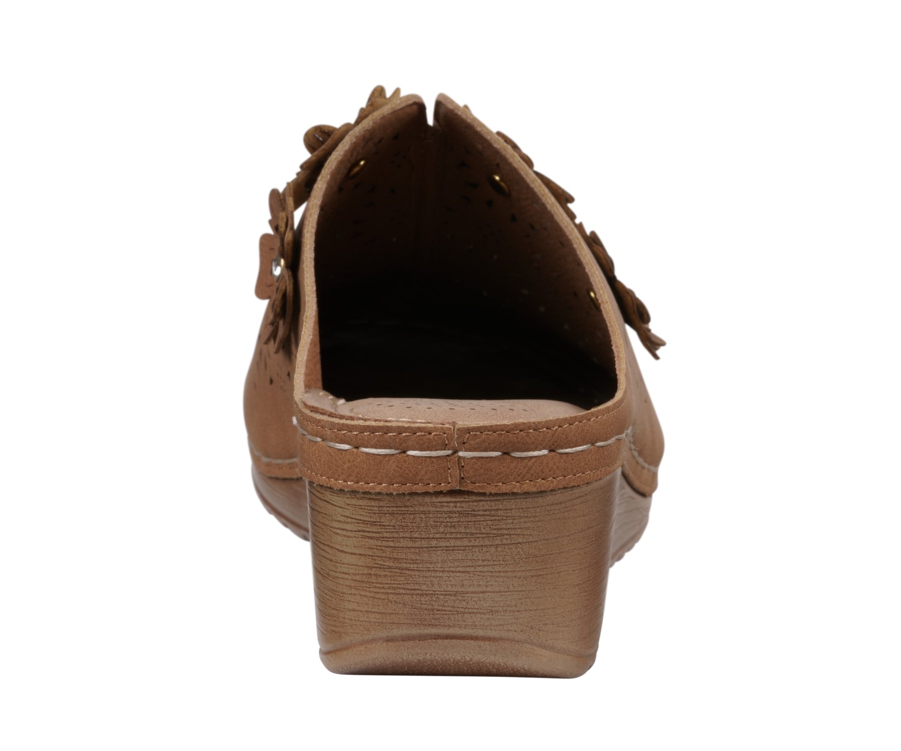 Brown shoe with a wedge sole on a white background