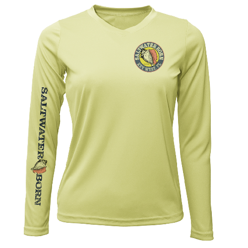 Light green long-sleeve shirt with 'Saltwater Born' branding on a white background