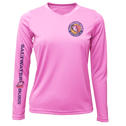 Pink long-sleeve shirt with 'Salwater Born Key West' logo on a white background