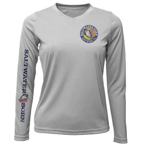 Gray long-sleeve shirt with 'Saltwater Born Key West' logo and text on a white background