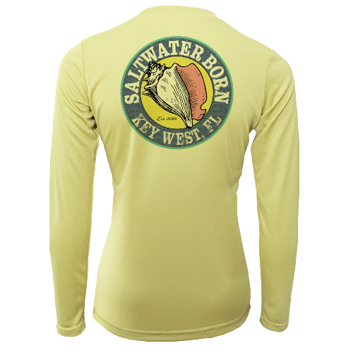 Yellow long-sleeve shirt with 'Saltwater Born Key West, FL' logo on the back against a white background