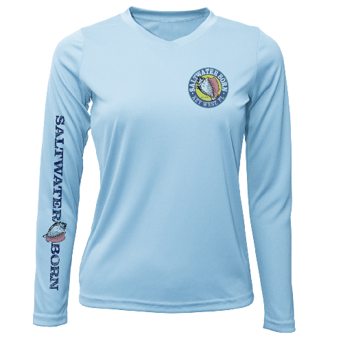 Light blue long-sleeve shirt with 'Saltwater Born' branding on a white background