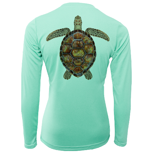 Mint green long-sleeve shirt with a turtle design on the back against a white background