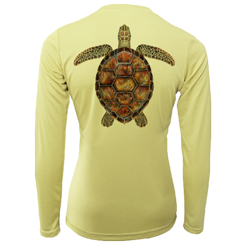 Yellow long-sleeve shirt with a turtle design on the back against a white background