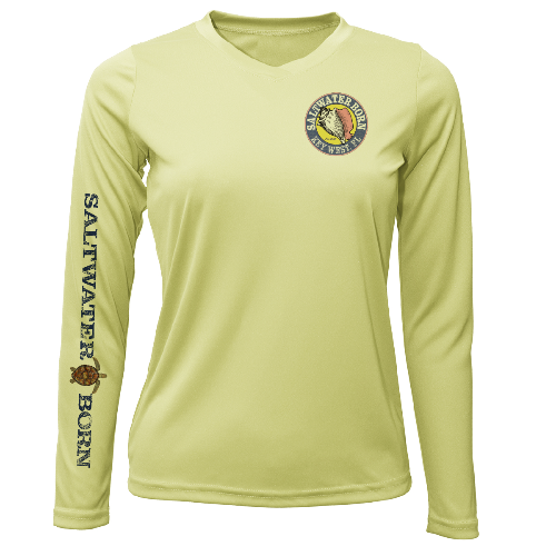 Light green long-sleeve shirt with 'Saltwater Born' text and logo on a white background