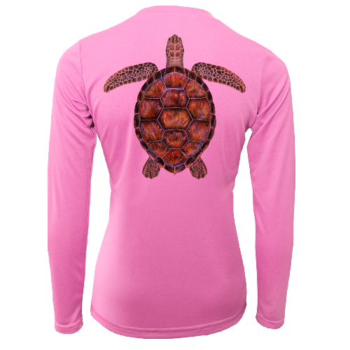 Pink long-sleeve shirt with a turtle design on the back against a white background