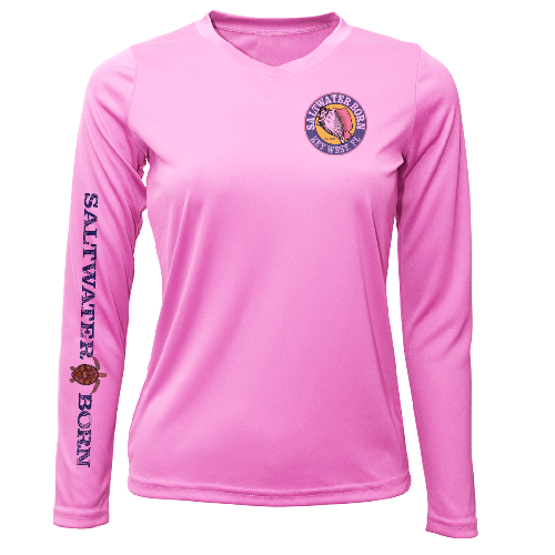 Pink long-sleeve shirt with 'Saltwater Born' text and logo on a white background