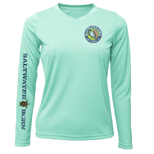Mint green long-sleeve shirt with 'Saltwater Born' text and logo on a white background