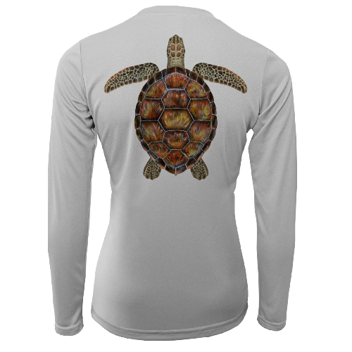 Gray long-sleeve shirt with a turtle design on the back against a white background