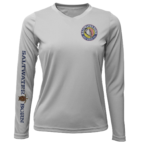Gray long-sleeve shirt with 'Saltwater Born' branding on a white background