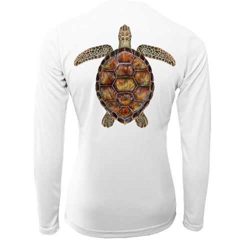 White long-sleeve shirt with a turtle design on the chest against a white background
