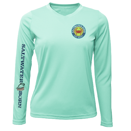 Mint green long-sleeve shirt with a logo and text on a white background
