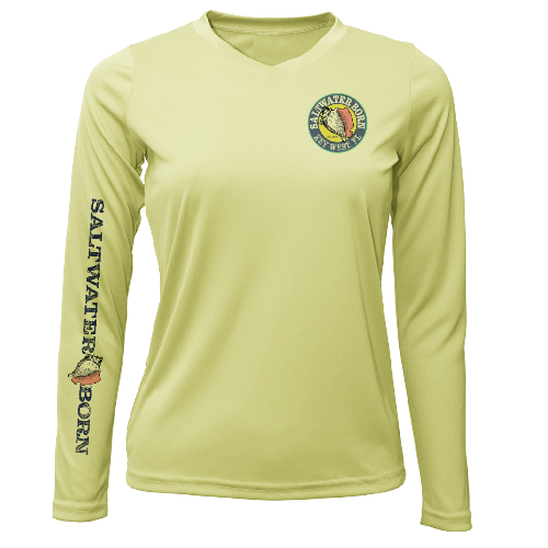 Light green long-sleeve shirt with 'Saltwater Born' logo on a white background