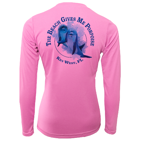 Pink long-sleeve shirt with dolphin graphic and text on a white background
