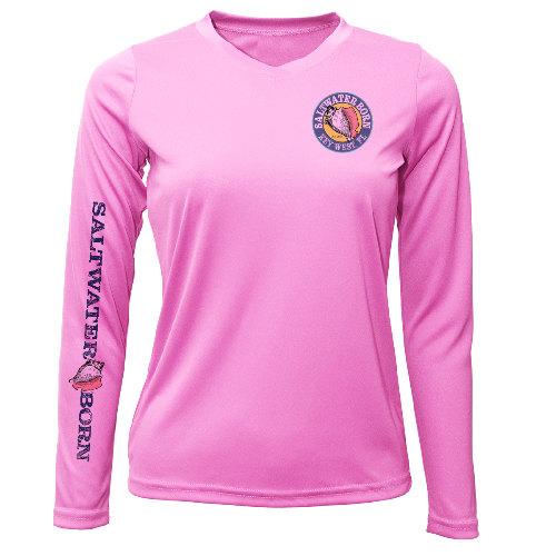 Pink long-sleeve shirt with 'Saltwater Born' branding on a white background