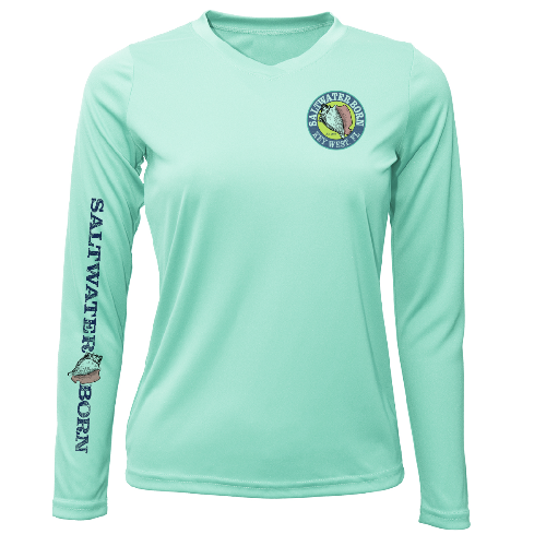 Mint green long-sleeve shirt with 'Saltwater Born' branding on a white background