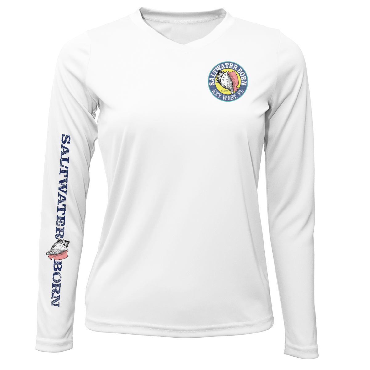 White long-sleeve shirt with 'Saltwater Born' logo and text on a white background