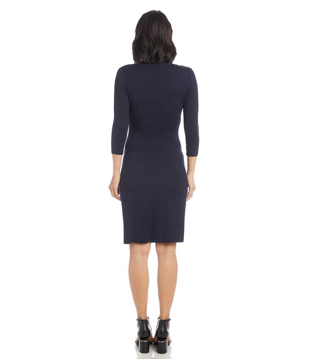 Navy blue dress with three-quarter sleeves on a white background