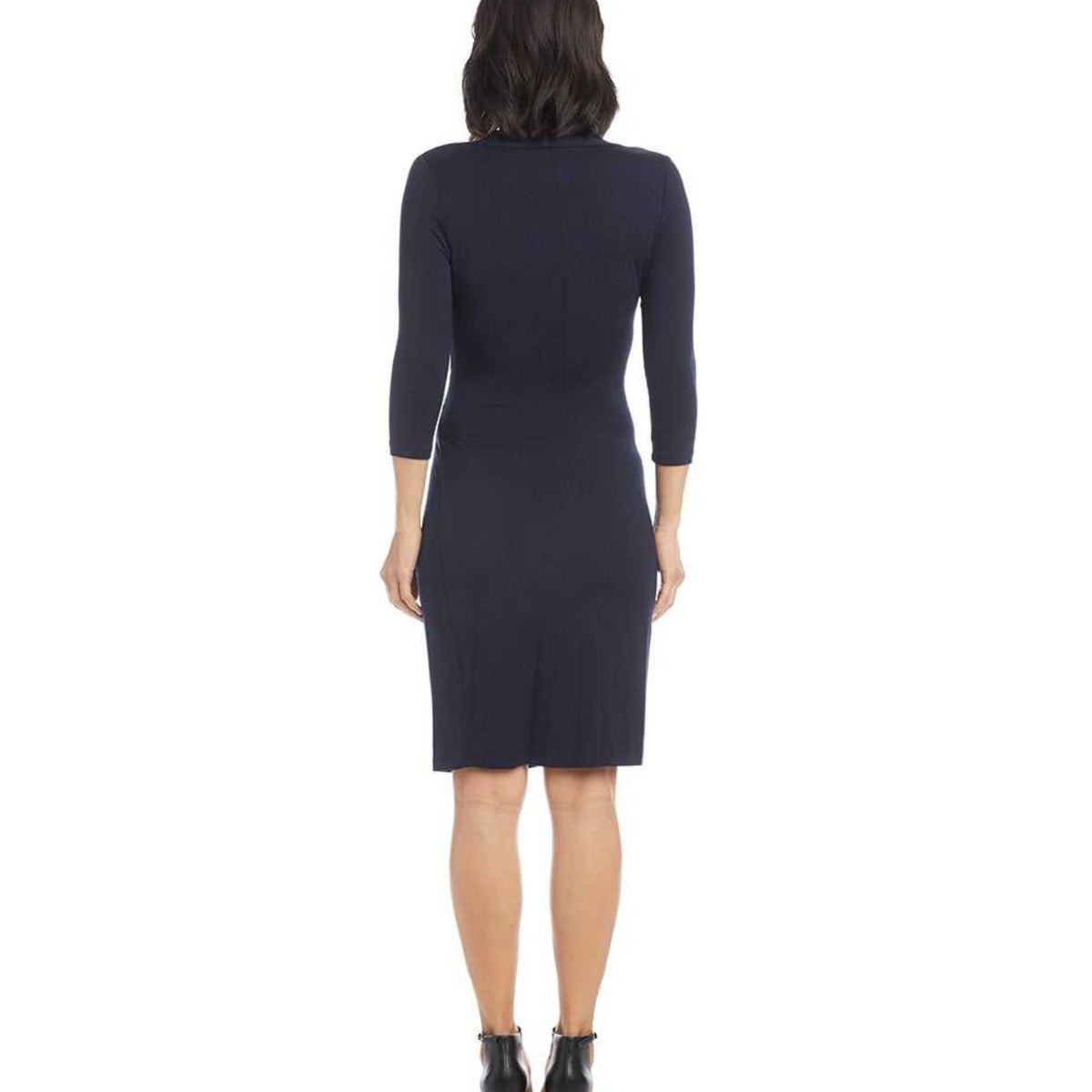 Navy blue dress with three-quarter sleeves on a white background