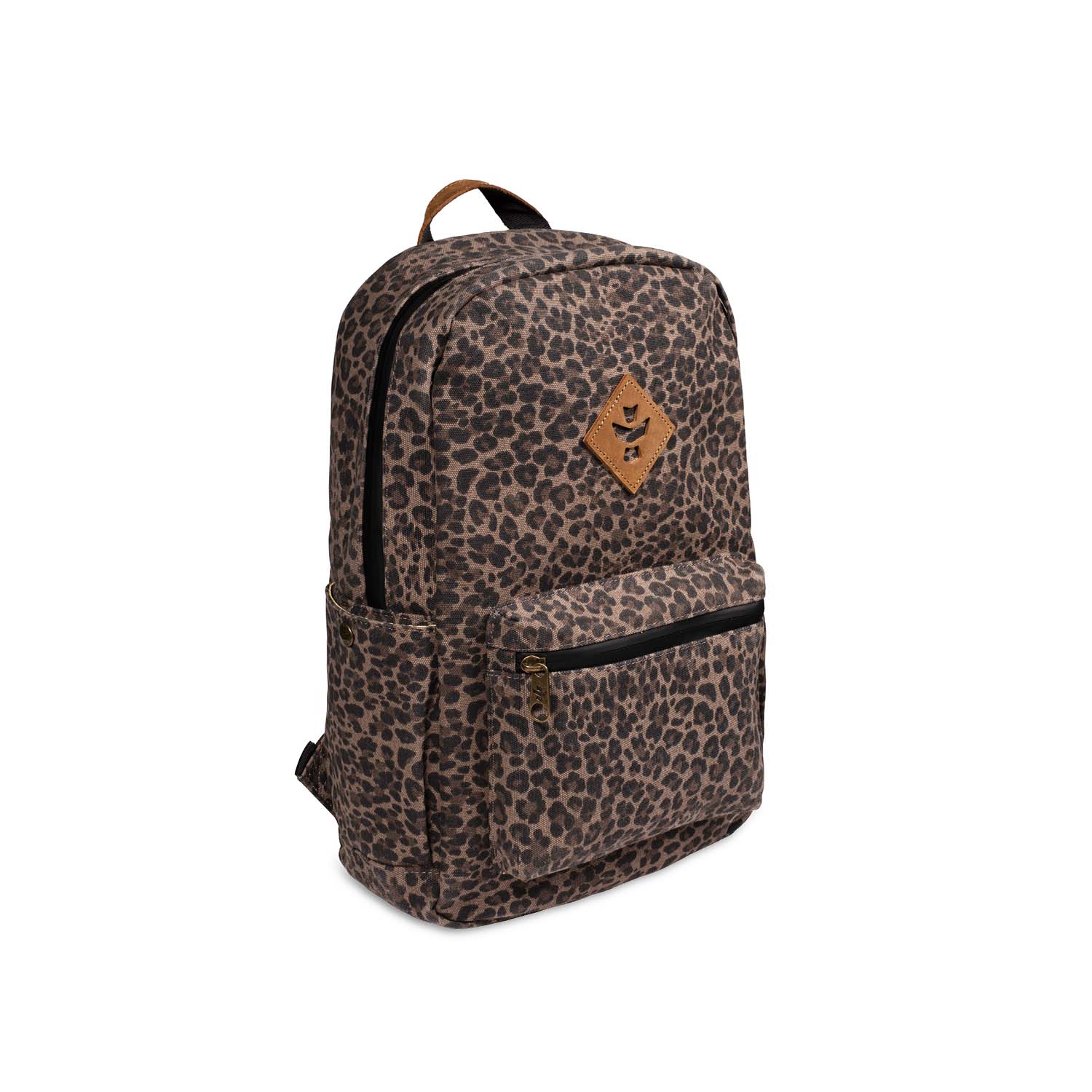 Leopard print backpack with a brand logo on a white background