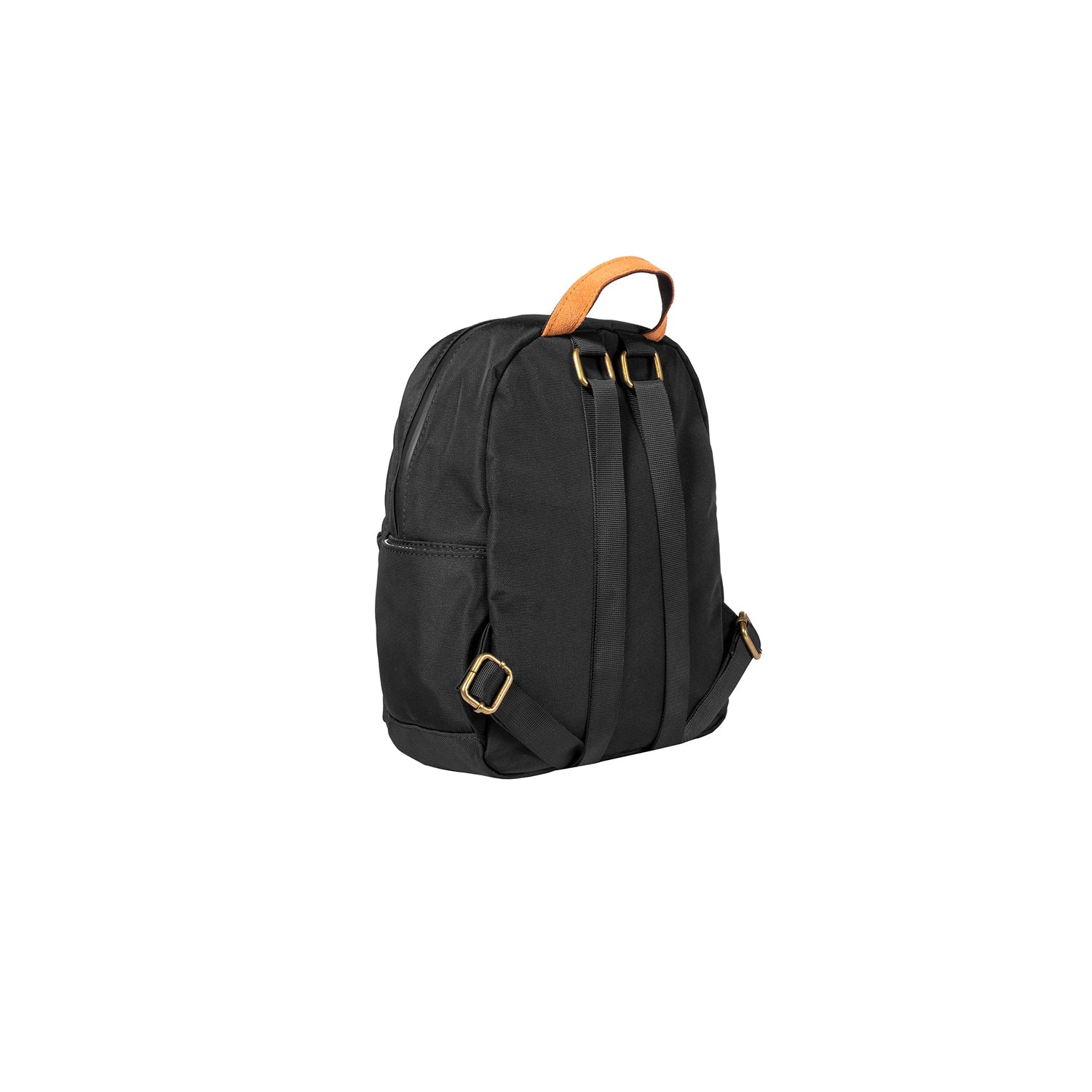 Black backpack with brown leather strap on a white background