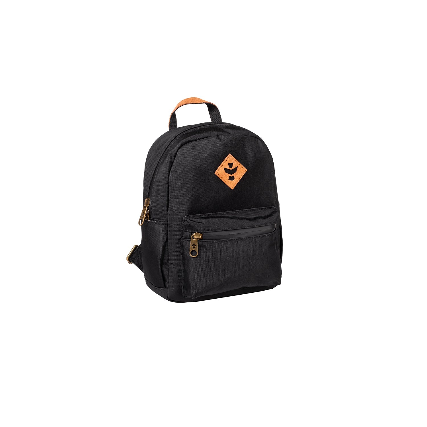 Black backpack with an orange logo on a white background