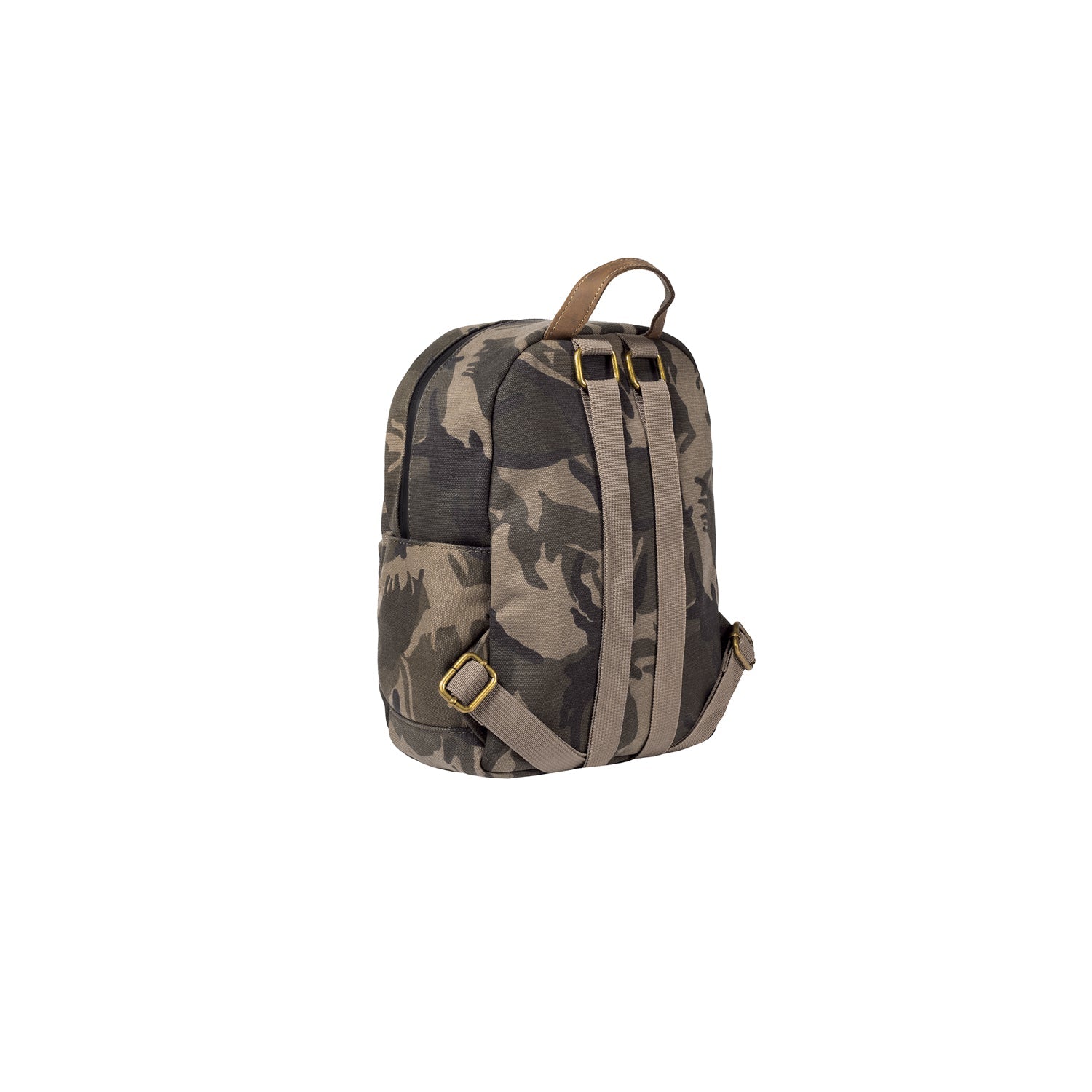 Camouflage-patterned backpack on a white background