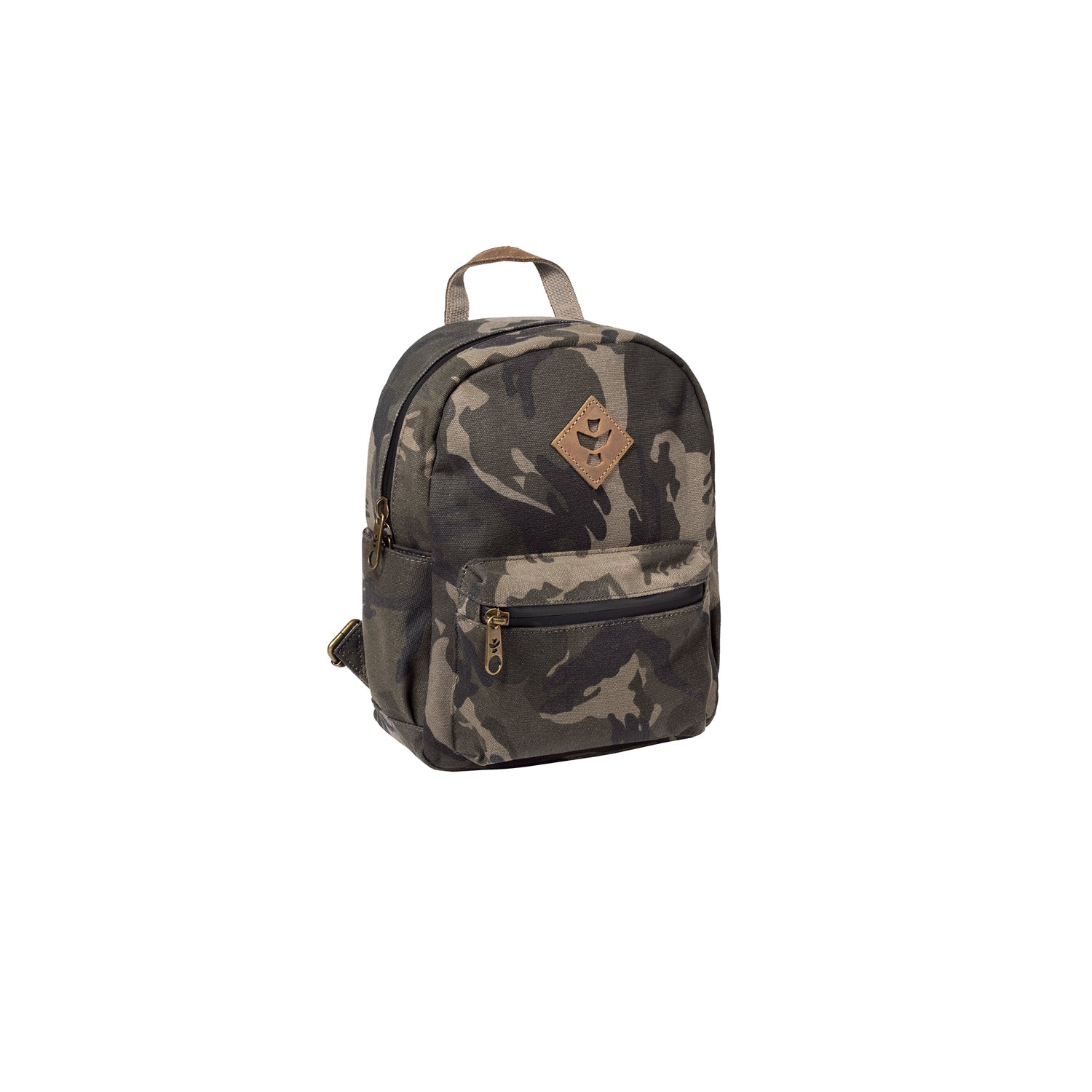 Camouflage-patterned backpack on a white background