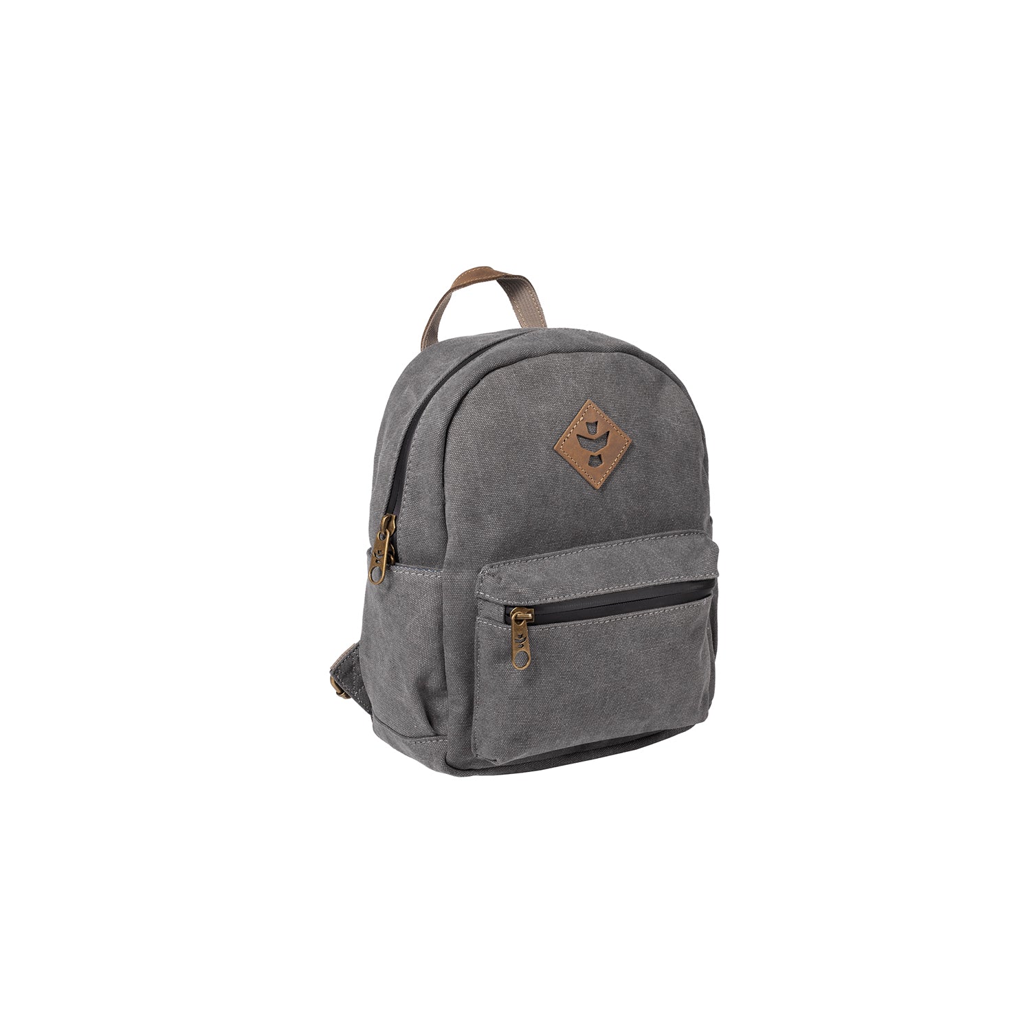 Gray backpack with a brown patch on a white background