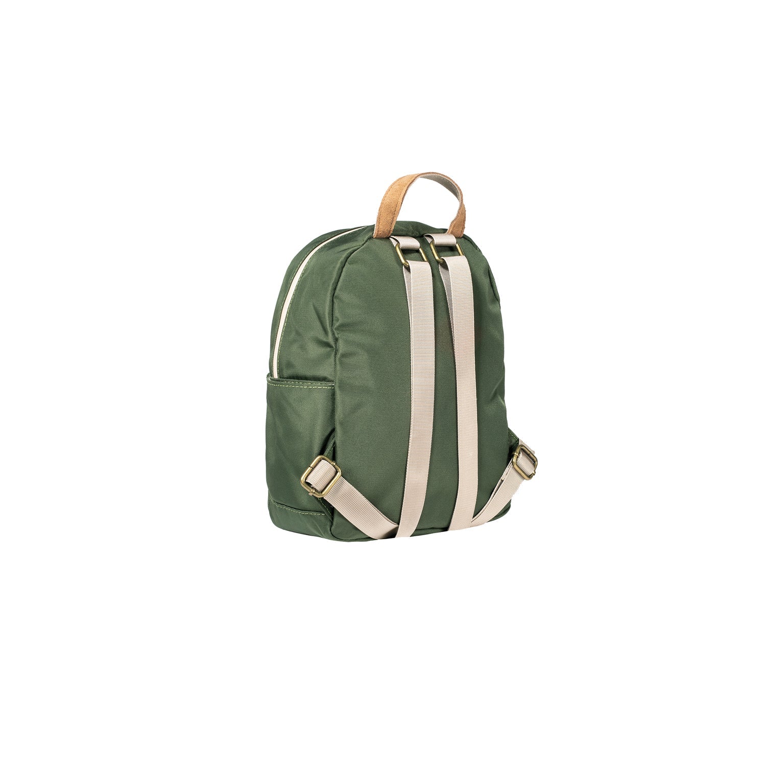 Green backpack with beige straps on a white background